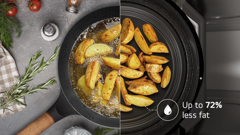 This image contrasts traditional frying with LG SolarDOM cooking—less oil, healthier potato wedges with the same crispiness.