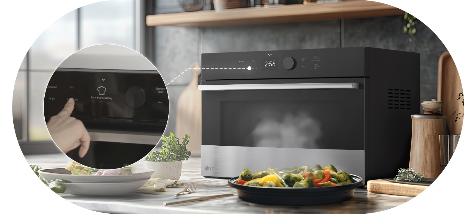 A person selects a cooking mode on the control panel while steam rises from steam-cooked vegetables in front of the SolarDOM™.