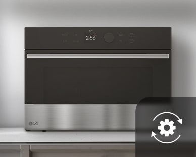 Image of a cooking appliance beside a smart phone screen displaying LG ThinQ Smart Diagnosis.