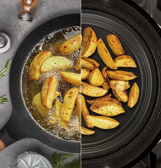 This image contrasts traditional frying with LG SolarDOM cooking—less oil, healthier potato wedges with the same crispiness.