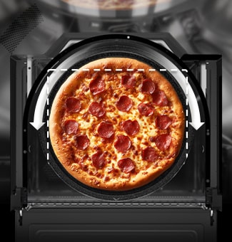 This image shows a pizza inside the oven, with an arrow indicating the rounded interior that ensures even heating.