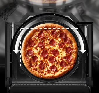 This image shows a pizza inside the oven, with an arrow indicating the rounded interior that ensures even heating.