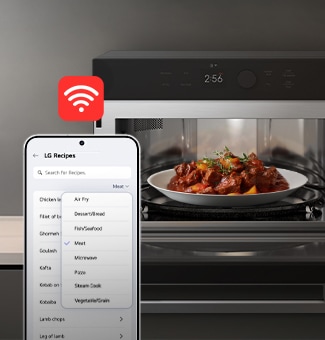 This image shows food inside the appliance, with a Wi-Fi icon above the UI screen. Indicating LG ThinQ connectivity.
