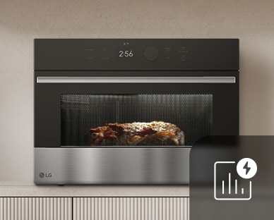 Image of a cooking appliance with food inside, next to a smart phone showing an energy monitoring graph