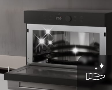 Image of a smartphone showing an LG ThinQ cleaning alert, next to an open cooking appliance with interior lights on
