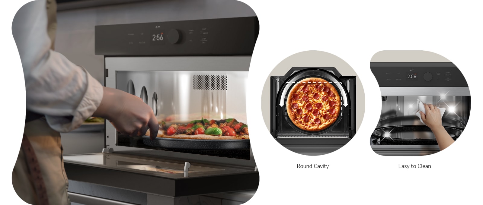 Person placing pizza into an LG SolarDOM, with close-ups of round cavity and easy-to-clean interior.