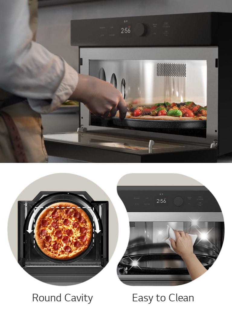 Person placing pizza into an LG SolarDOM, with close-ups of round cavity and easy-to-clean interior.