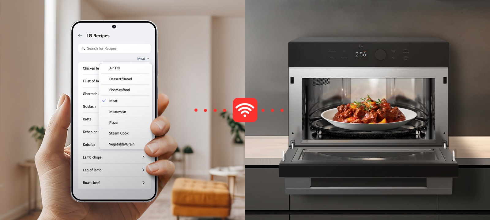 Image of a smartphone selecting cooking modes remotely, connected to a kitchen appliance displaying a finished dish