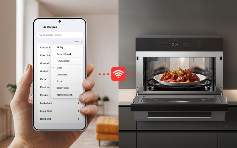Image of a smartphone selecting cooking modes remotely, connected to a kitchen appliance displaying a finished dish