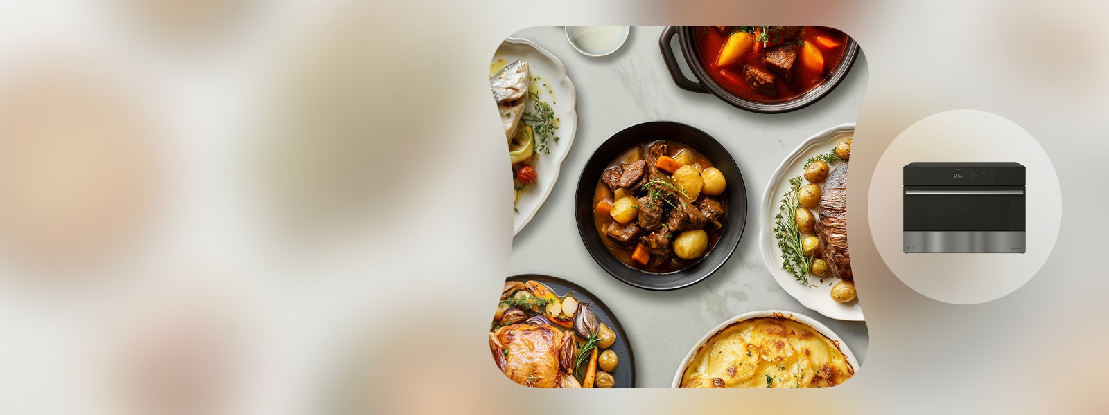 Image of a dishes like meat, goulash, whole chicken beside LG SolarDOM