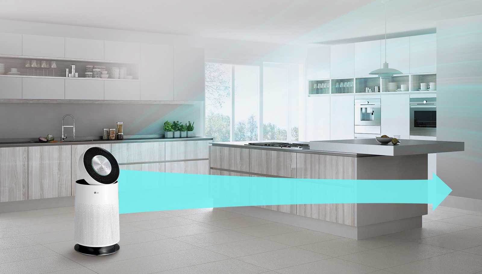 The air purifier is sitting on the left side of the screen in a kitchen. Clean air flows out of the machine and is shown to reach 7.5 meters out at a rate 24% than other machines.