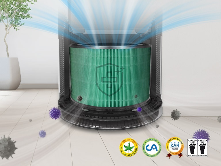 The purifier is shown with half of it showing the deodorization filter while the other half shows the safe plus filter of the machine.
