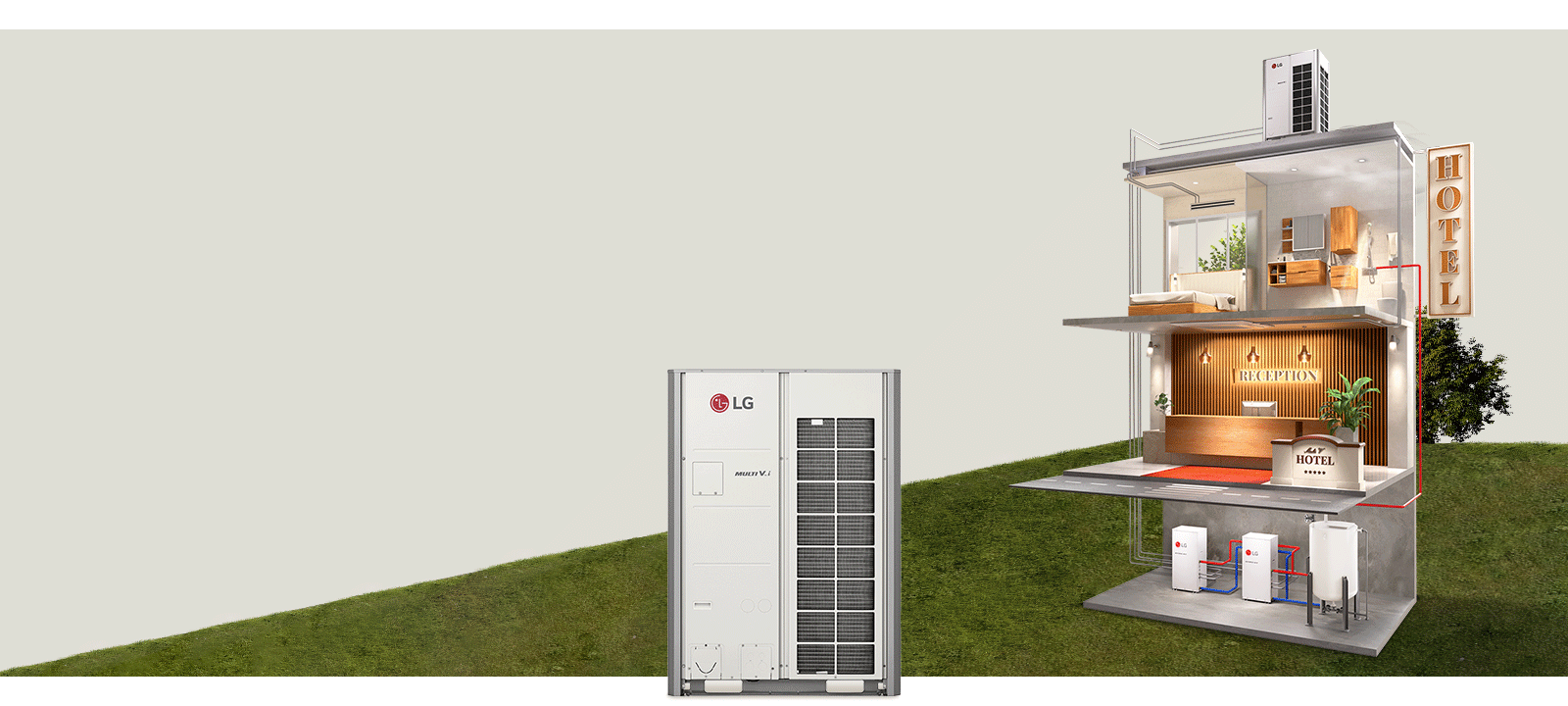 Perspective drawing of a hotel showing LG Hydro Kits and MULTI V i connected by pipes to indoor units.