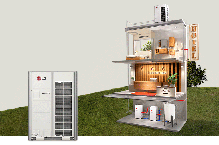 Perspective drawing of a hotel showing LG Hydro Kits and MULTI V i connected by pipes to indoor units.