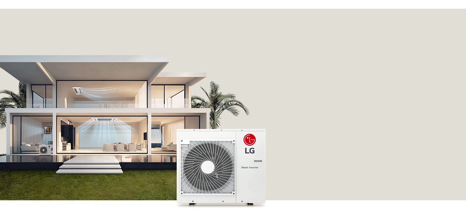 Drawing of a house with LG Wall Mounted, One Way, and Ceiling Cassettes emitting fresh air, with palm trees behind.