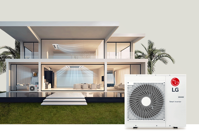Drawing of a house with LG Wall Mounted, One Way, and Ceiling Cassettes emitting fresh air, with palm trees behind.