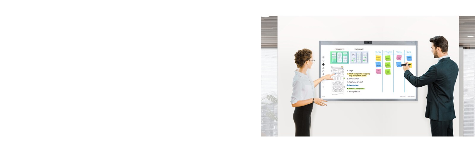 Two employees are sharing their ideas by touching the screen or taking notes on the screen. 