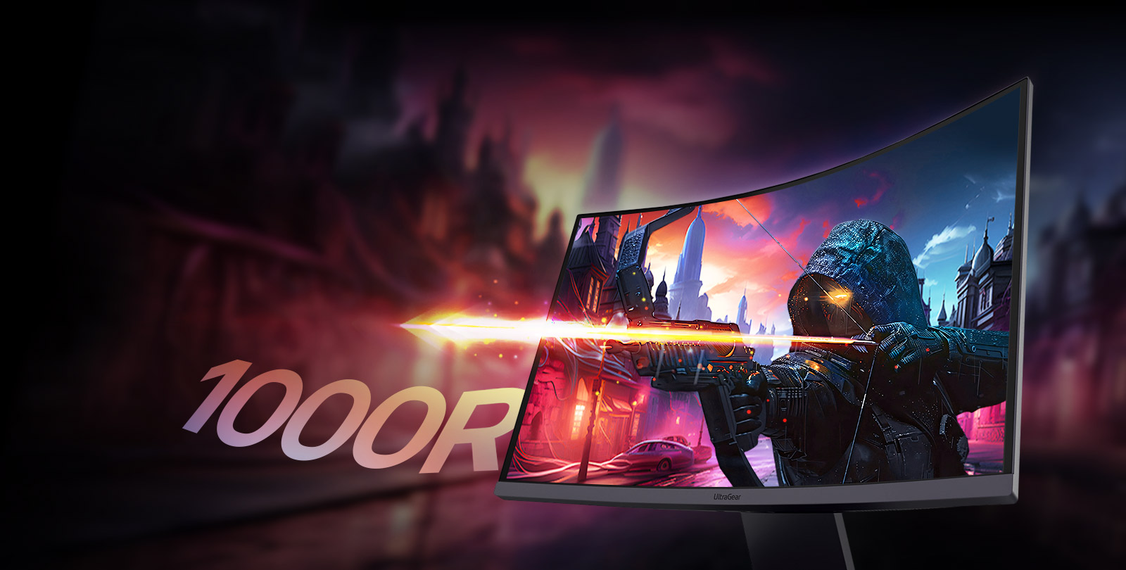 Side view of a monitor with a gaming archer character on the screen image.