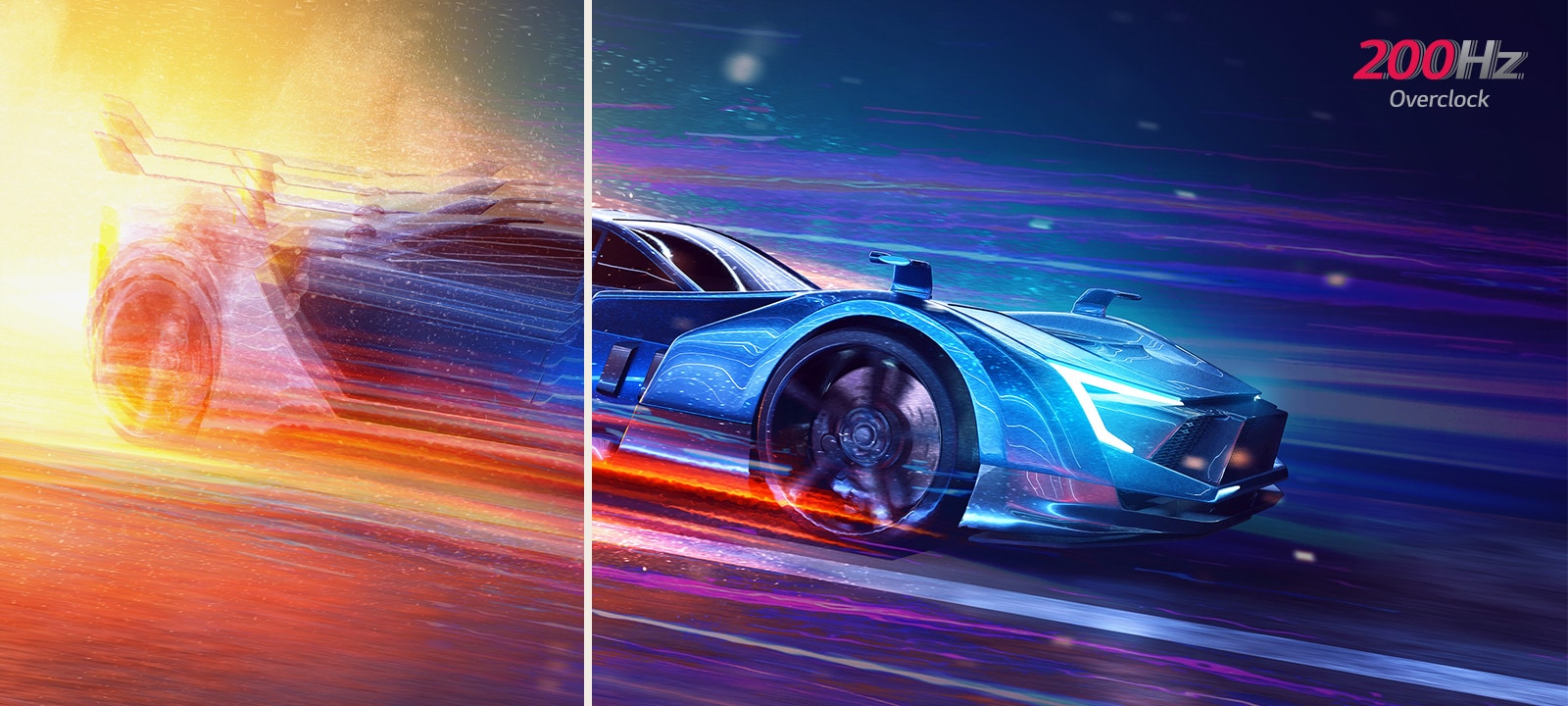 It is a comparison image of a fast-paced game with a low refresh rate and a clear image with a 200Hz (O/C) high refresh rate.