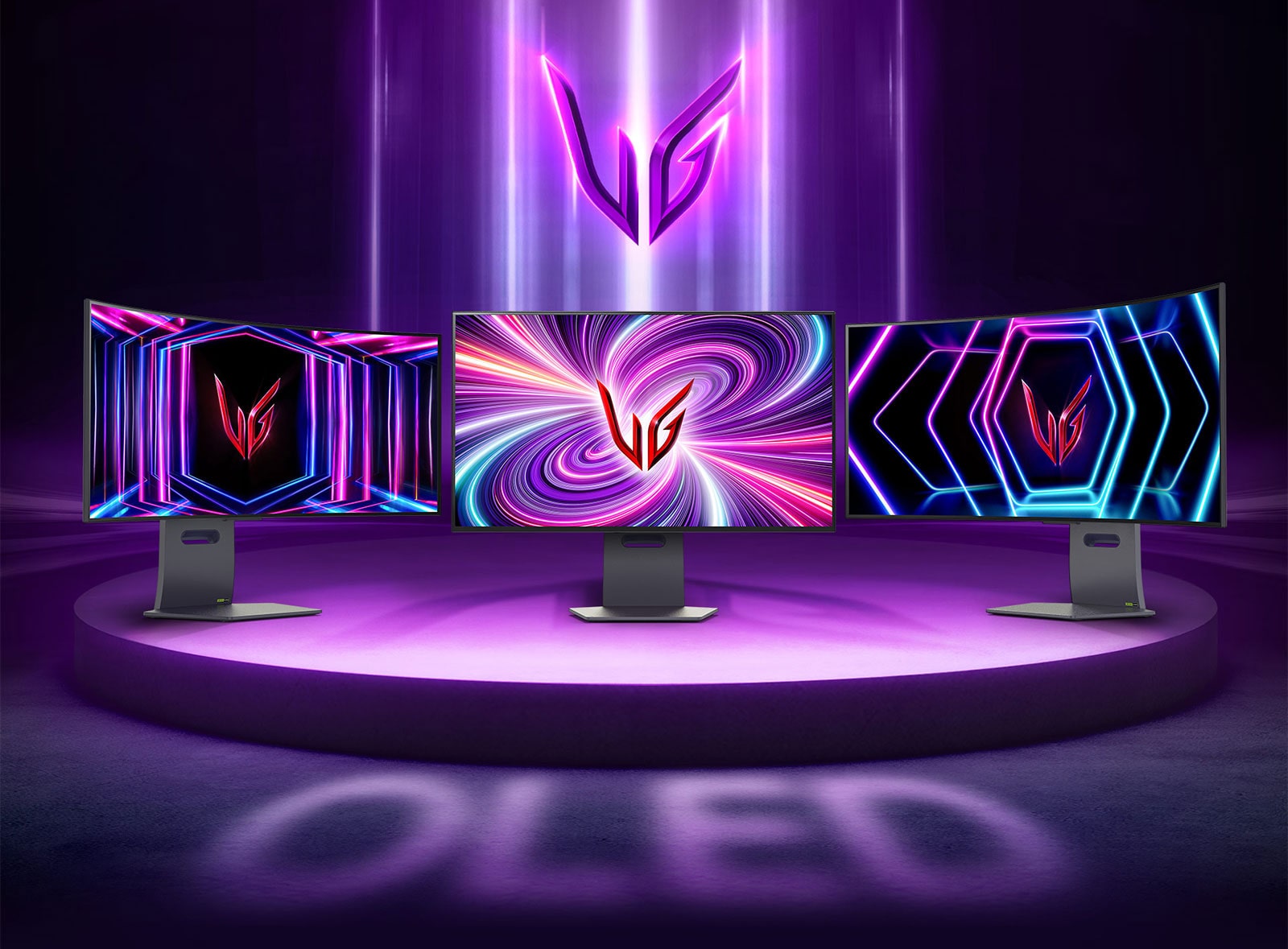 Showcasing LG UltraGear OLED gaming monitors, including curved monitors. We've depicted the diverse gaming monitors of LG UltraGear OLED alongside its emblem, illuminated with neon light, showcasing our pioneering technological advancement.	