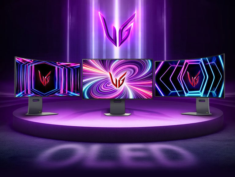 Showcasing LG UltraGear OLED gaming monitors, including curved monitors. We've depicted the diverse gaming monitors of LG UltraGear OLED alongside its emblem, illuminated with neon light, showcasing our pioneering technological advancement.	