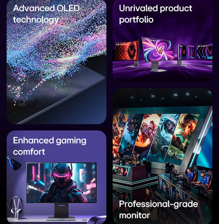 An image showcasing key features of LG OLED gaming monitor - Advanced OLED technology, Unrivaled product portfolio, Enhanced gaming comfort, Professional-grade monitor.	