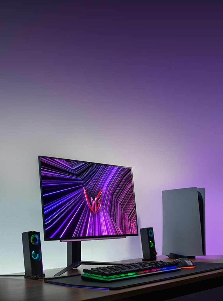 An image showcasing the gaming setup of the LG UltraGear OLED gaming monitor 27GS95QE model.	