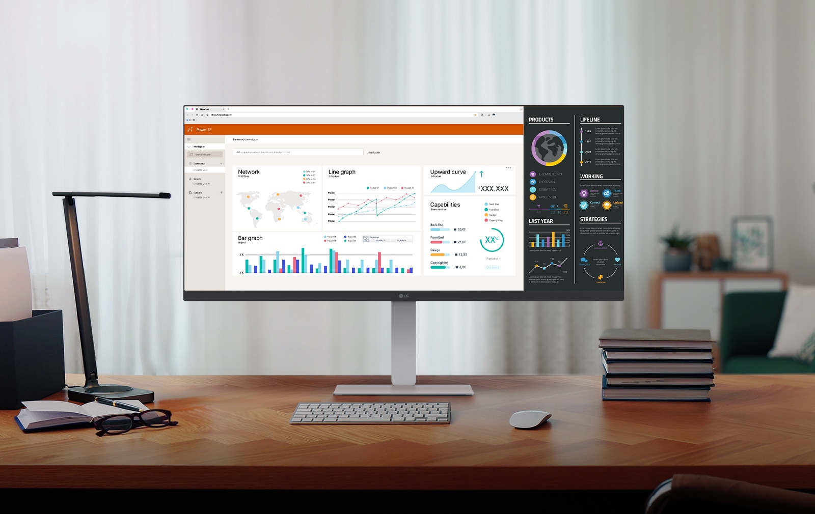 A modern home office setup featuring a large ultra-wide LG monitor displaying data dashboards and graphs, with a wireless keyboard and mouse on a wooden desk.