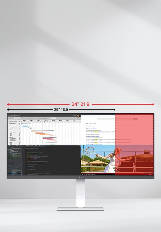 Ultra-wide 34-inch LG monitor illustrating the difference between 21:9 and 16:9 aspect ratios, with multiple applications displayed side by side for multitasking.	