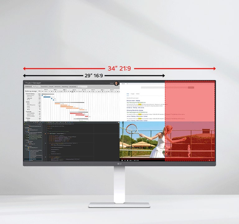 Ultra-wide 34-inch LG monitor illustrating the difference between 21:9 and 16:9 aspect ratios, with multiple applications displayed side by side for multitasking.	