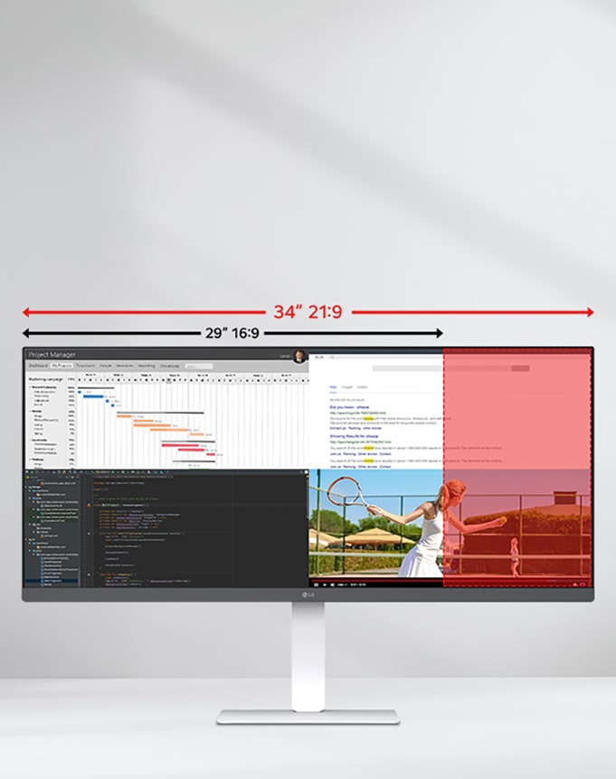 Ultra-wide 34-inch LG monitor illustrating the difference between 21:9 and 16:9 aspect ratios, with multiple applications displayed side by side for multitasking.	