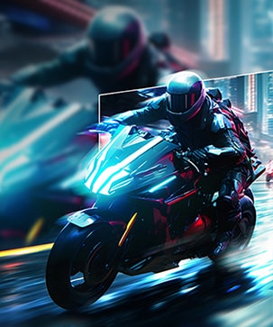A futuristic motorcyclist racing through a neon-lit cityscape, with a highlighted section showing a clearer, sharper view to demonstrate motion clarity.	