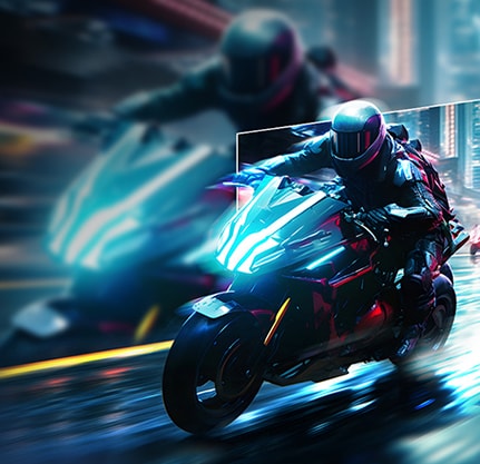A futuristic motorcyclist racing through a neon-lit cityscape, with a highlighted section showing a clearer, sharper view to demonstrate motion clarity.	
