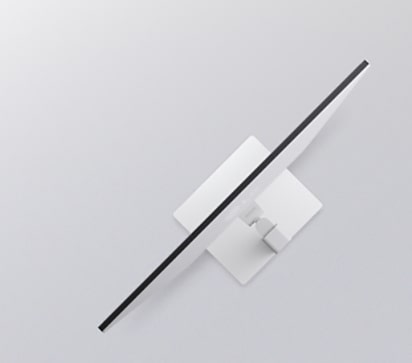 A side view of a white monitor illustrating ergonomic adjustments, including tilt, height, and swivel capabilities.	