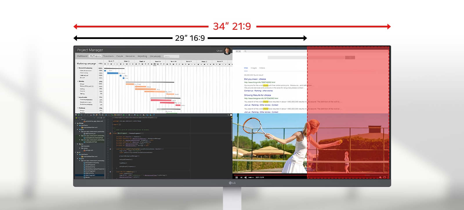 Ultra-wide LG monitor displaying multiple applications across a 34-inch 21:9 screen, with a highlighted comparison showing the additional horizontal space over a standard 29-inch 16:9 display.	