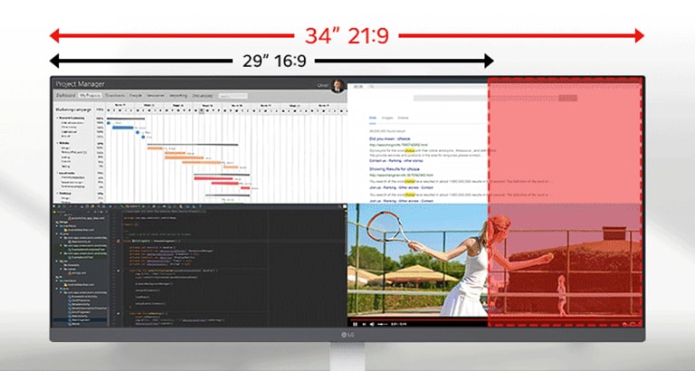 Ultra-wide LG monitor displaying multiple applications across a 34-inch 21:9 screen, with a highlighted comparison showing the additional horizontal space over a standard 29-inch 16:9 display.	