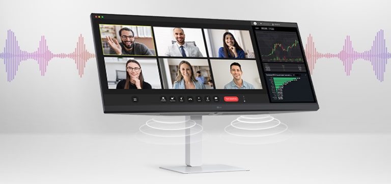 LG ultra-wide monitor displaying a video conference with six participants and a financial dashboard, with sound waves and speaker icons indicating built-in audio capabilities.	