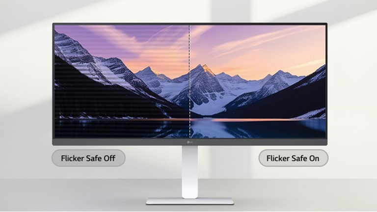 LG ultra-wide monitor displaying a split-screen comparison of a mountain landscape, with the left side showing screen flicker and the right side showing a clear, flicker-free image	