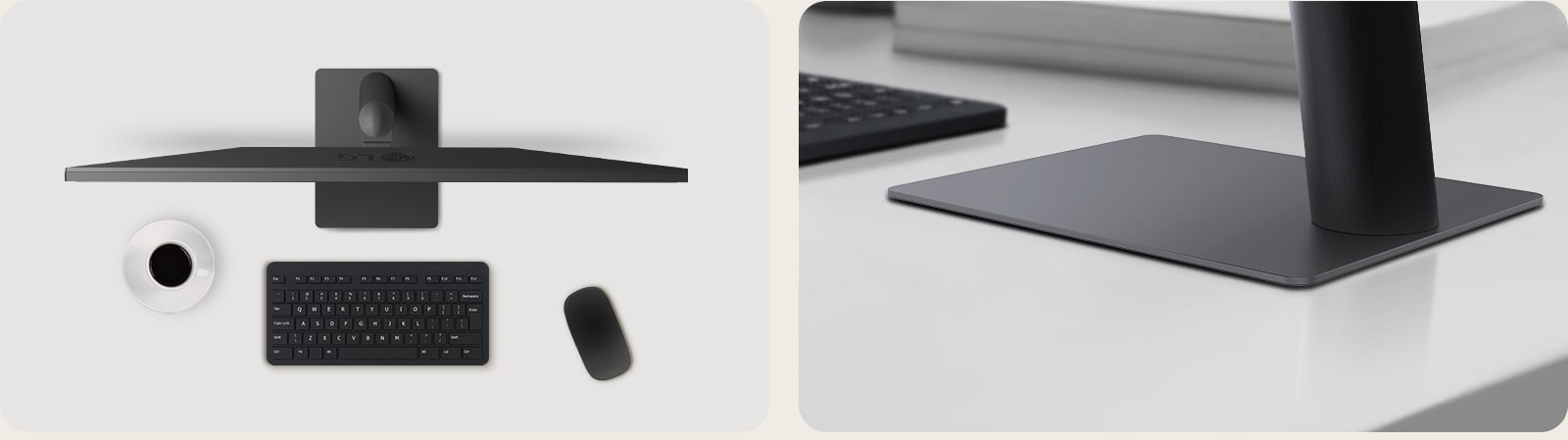 Top and angled views of an monitor setup on a clean desk, featuring a coffee cup, wireless keyboard, mouse, and a sleek, low-profile stand that ensures stability and saves space.	
