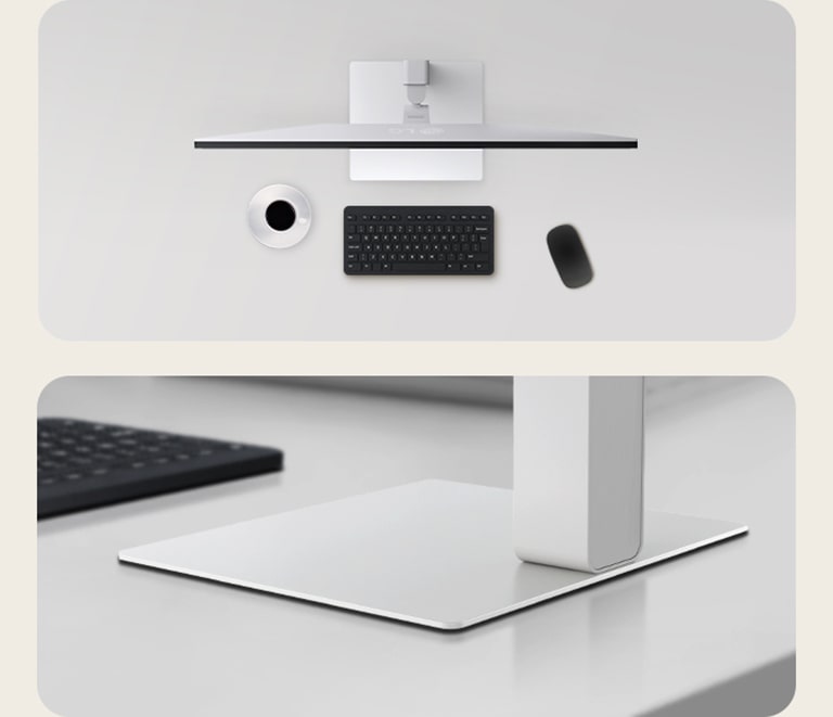 Top and angled views of an monitor setup on a clean desk, featuring a coffee cup, wireless keyboard, mouse, and a sleek, low-profile stand that ensures stability and saves space.	