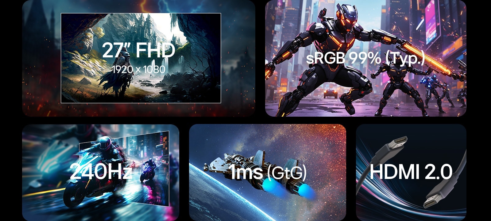 A promotional graphic highlighting the key features of the LG UltraGear 27G440A monitor: a 27-inch FHD (1920x1080) display, sRGB 99% (Typ.) color coverage, 240Hz refresh rate, 1ms (GtG) response time, and HDMI 2.0 connectivity.