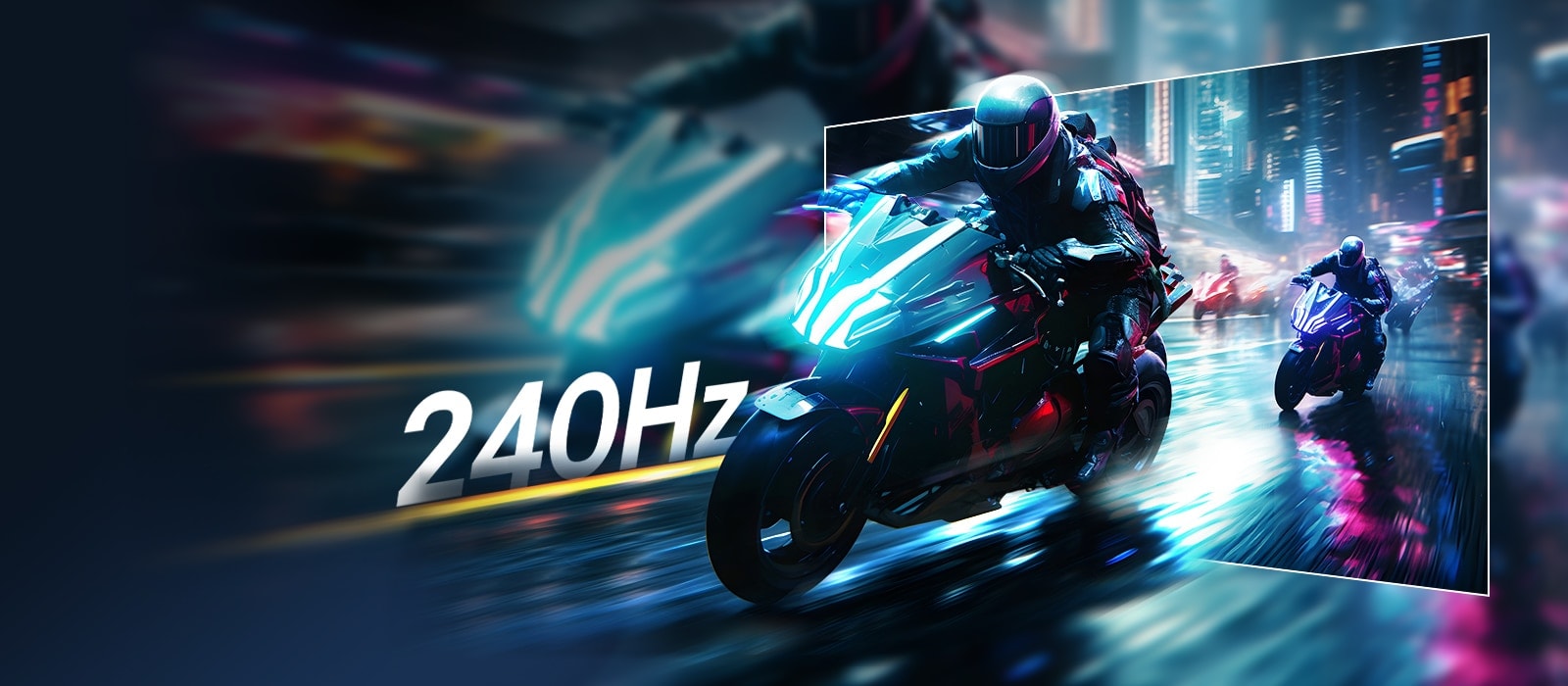 Promotional image for the LG UltraGear 27G440A monitor featuring a futuristic motorcycle racing scene. The headline reads “Fluid gaming motion with 240Hz refresh rate,” highlighting smooth, crystal-clear visuals with reduced motion blur. Large “240Hz” text emphasizes the monitor’s fast refresh rate designed for immersive gameplay.