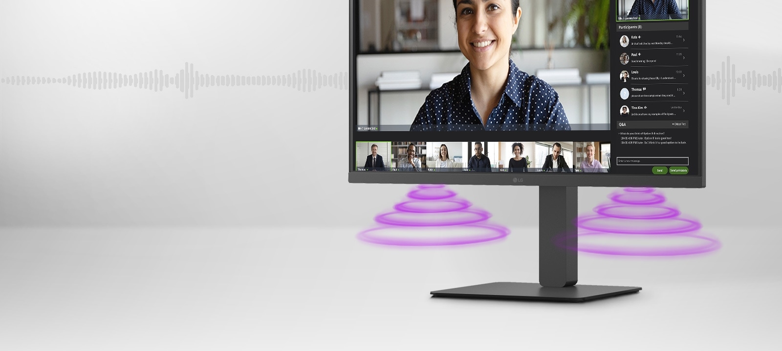 Side view showing video conference scene on the monitor.	