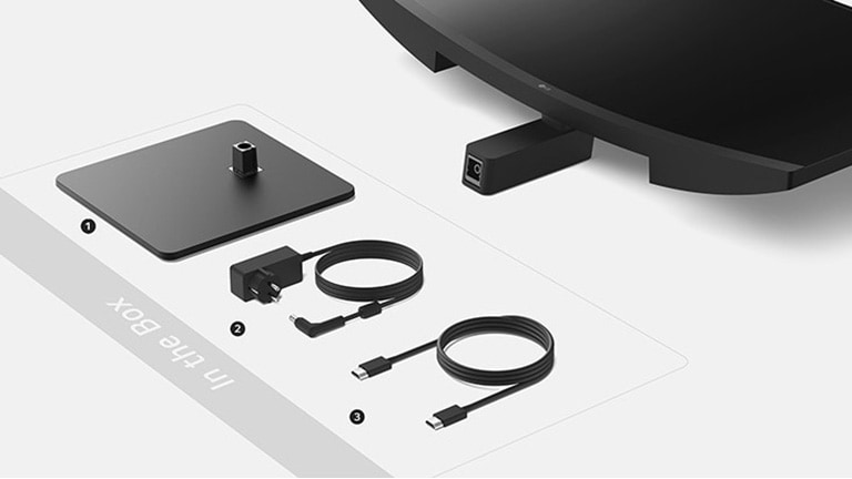 Stand body,  Stand base, Adapter+Power cord and HDMI cable in the box.