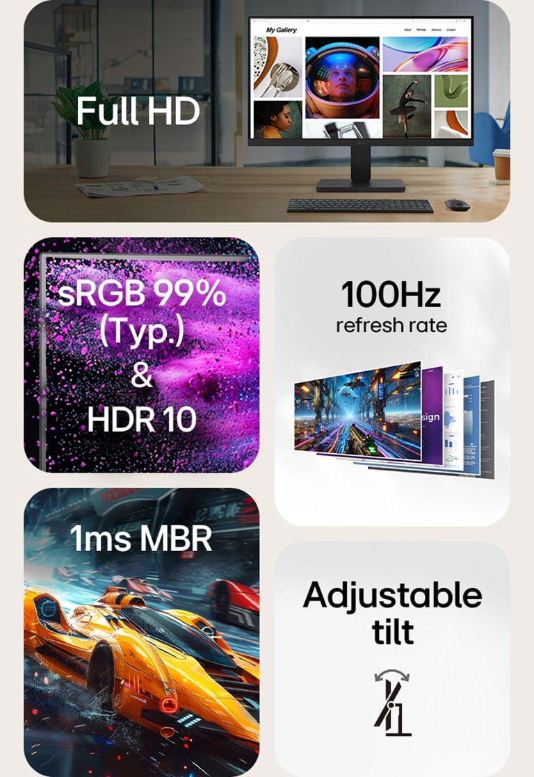 A feature overview of a monitor showing five key specs: Full HD resolution, sRGB 99% (Typ.) with HDR10 support, 100Hz refresh rate, 1ms MBR (Motion Blur Reduction), and adjustable tilt. Visuals include a modern workspace, color spectrum graphic, racing game scene, and tilt angle illustration.