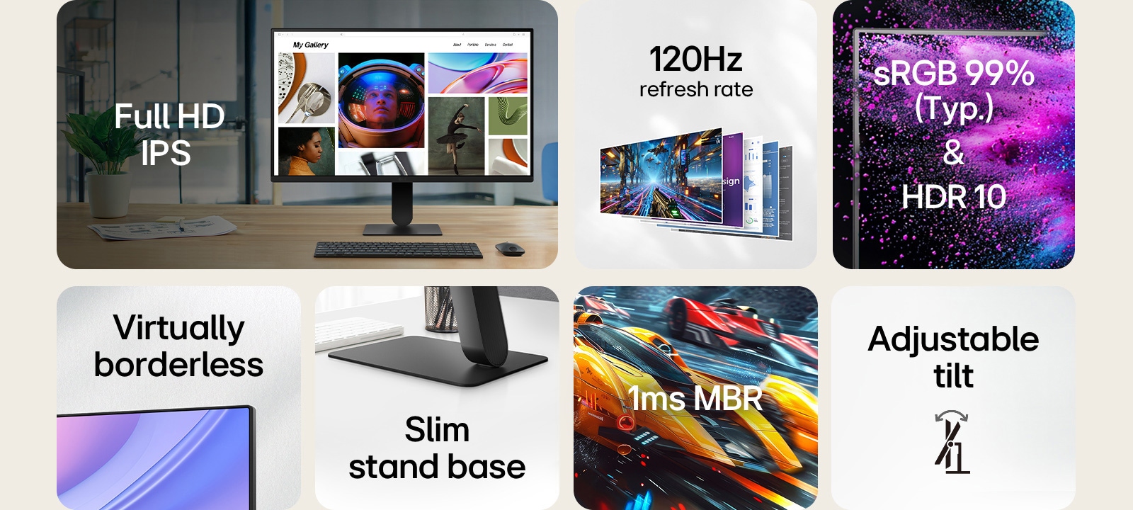 A grid-style feature overview of a monitor, highlighting key specs: Full HD IPS display, 120Hz refresh rate, sRGB 99% (Typ.) with HDR10, virtually borderless design, slim stand base, 1ms MBR (Motion Blur Reduction), and adjustable tilt. Each feature is shown with a representative image or icon.