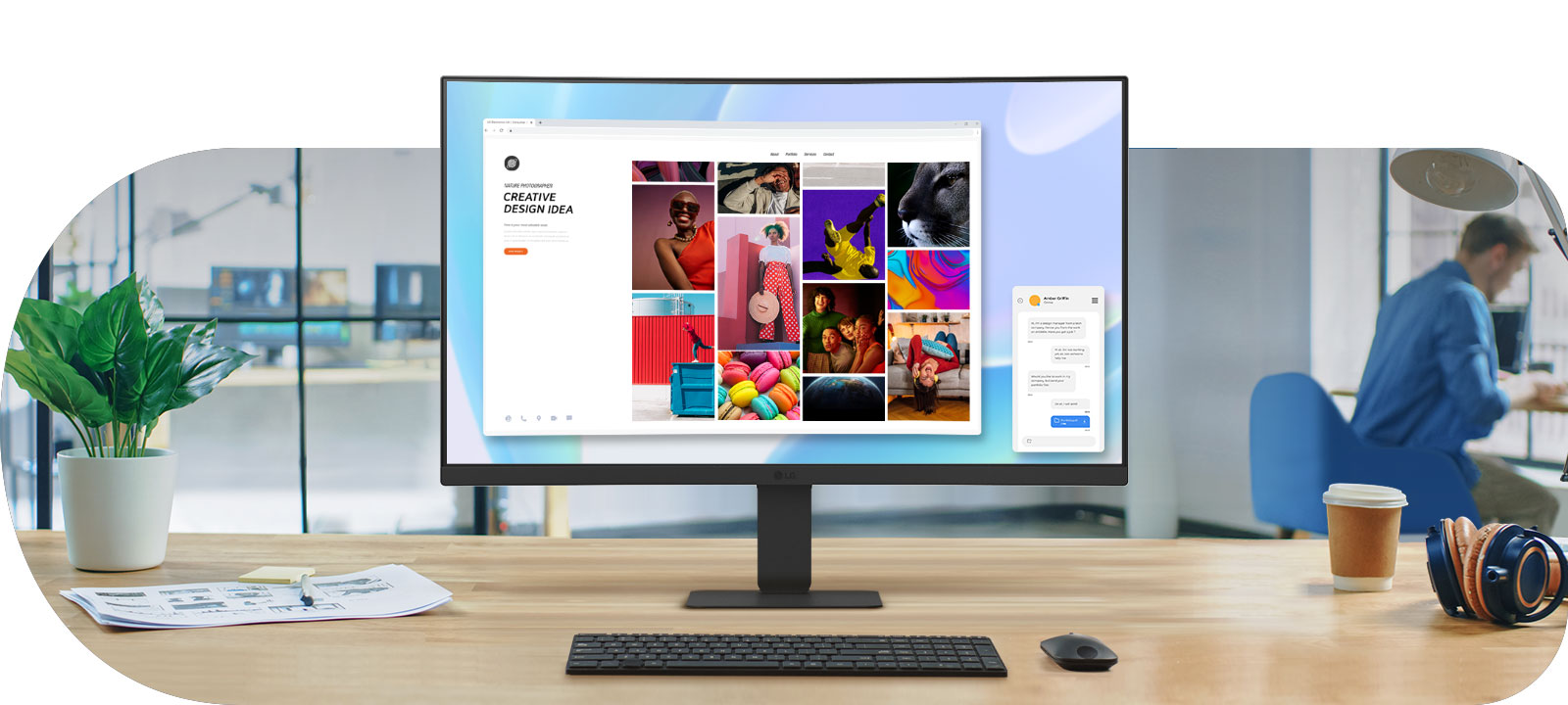 A 23.8-inch FHD curved monitor on a desk displays vibrant visuals and apps. The workspace includes a plant, papers, a keyboard, mouse, headphones, and coffee, with an office blurred in the background.