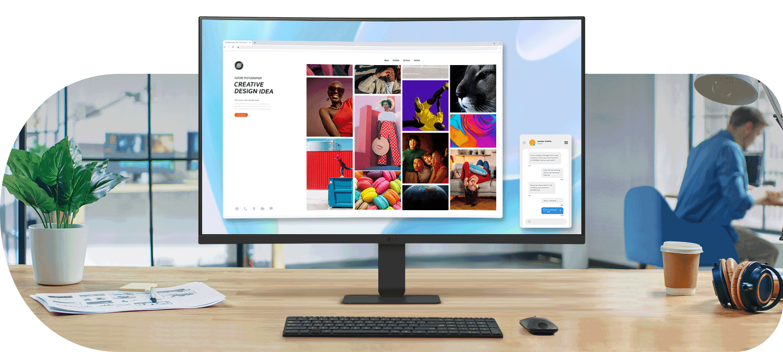 A 27-inch FHD curved monitor on a desk displays vibrant visuals and apps. The workspace includes a plant, papers, a keyboard, mouse, headphones, and coffee, with an office blurred in the background.
