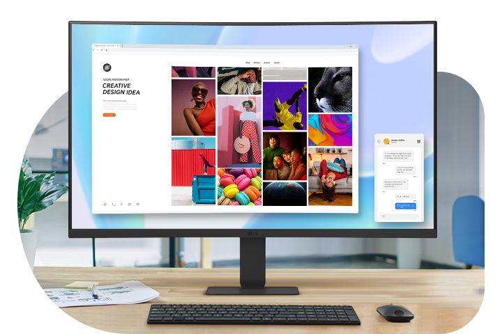 A 27-inch FHD curved monitor on a desk displays vibrant visuals and apps. The workspace includes a plant, papers, a keyboard, mouse, headphones, and coffee, with an office blurred in the background.