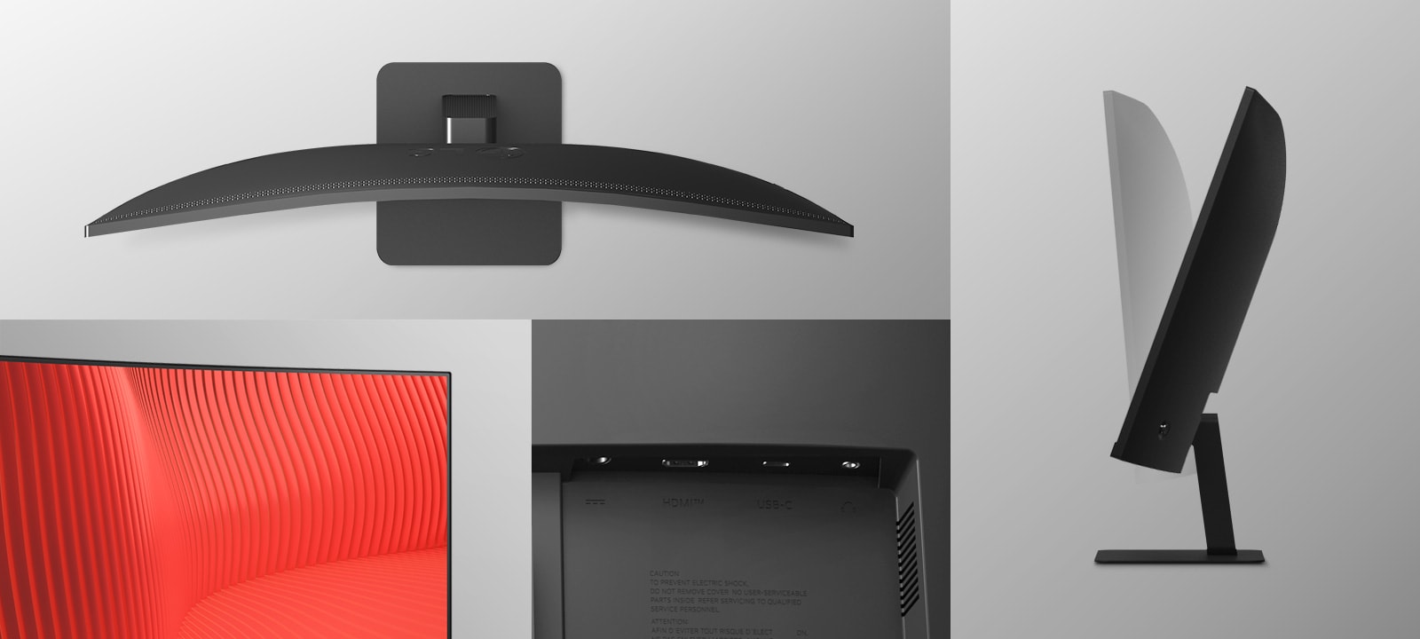 The image shows slim bezel on three sides, a sleek stand, various ports, and the tilt view of the monitors.	